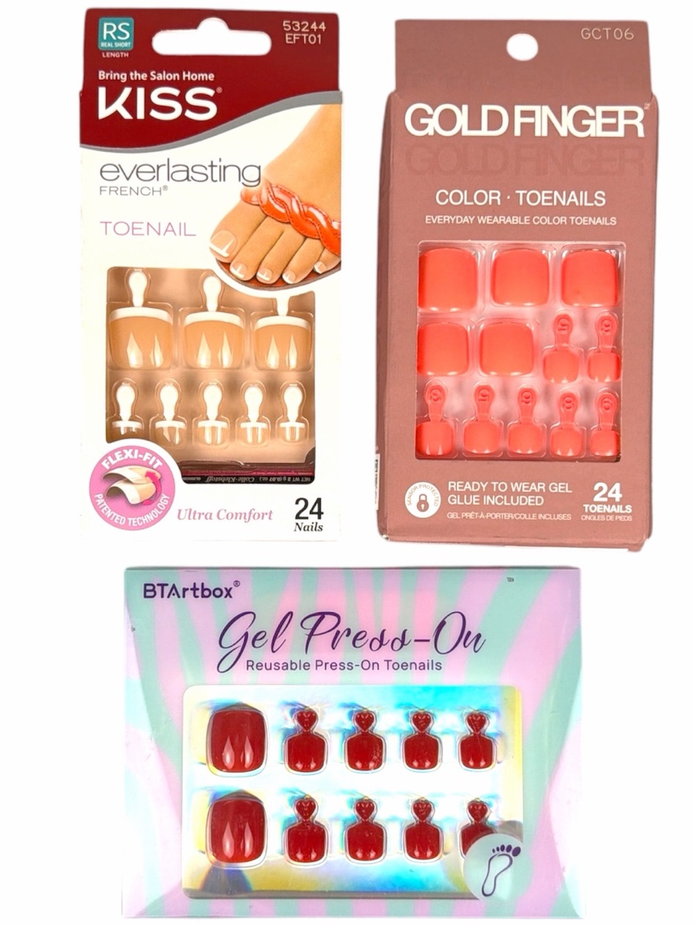 NWT Press On Toenail Bundle Lot 3 Kiss Gold Finger BTArtbox Gel Pedicure